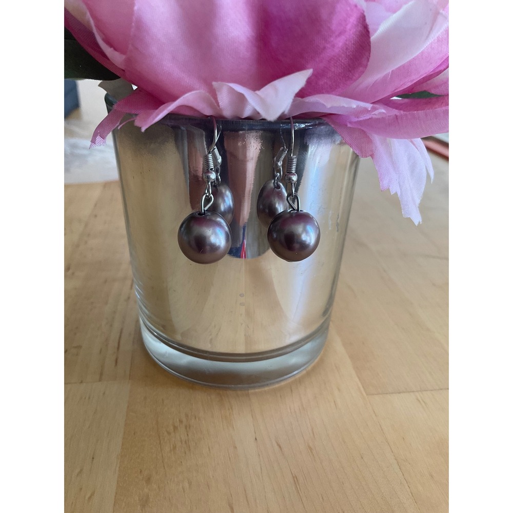 Handmade Mauve Purple Faux Pearl Drop Earrings Silver Tone French Wire Dangles